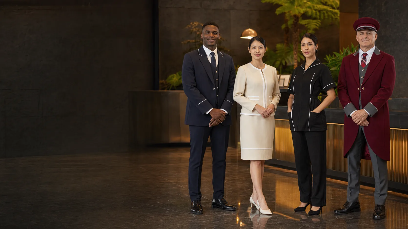 Equipe de hotel usando uniformes Office Collection