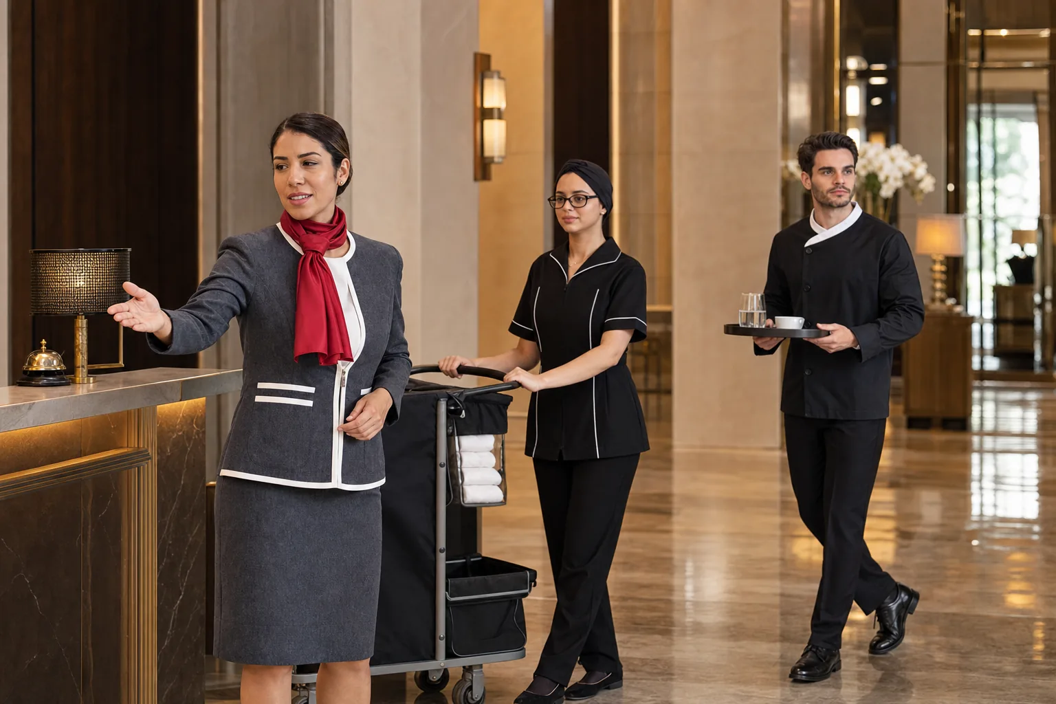 Profissionais da hotelaria em ação com uniformes Office